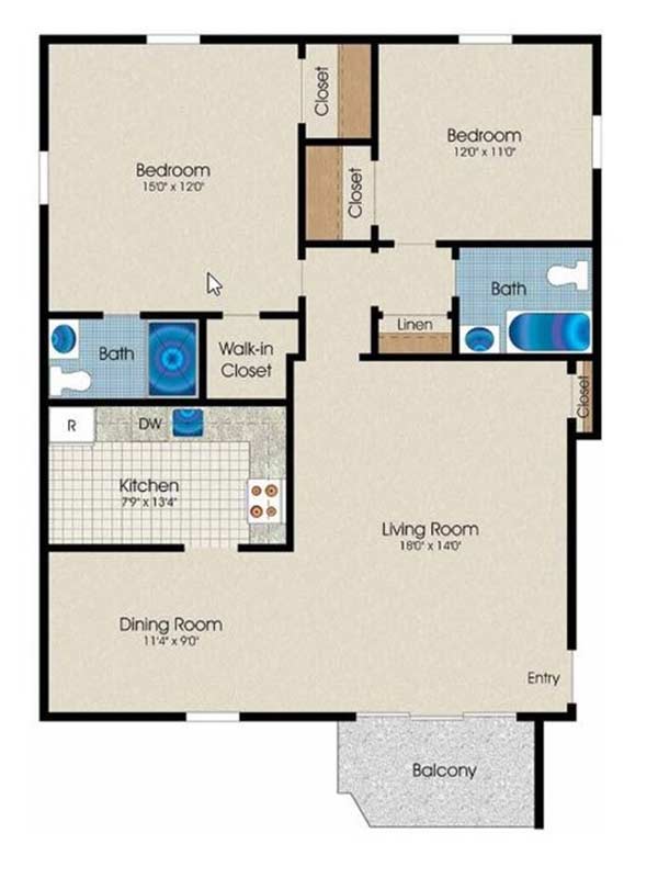 980 square feet Trexler Park 2 Bedroom 2 Bath floor plan