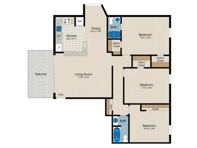 1165 square feet Trexler Park 3 Bedroom 2 Bath floor plan