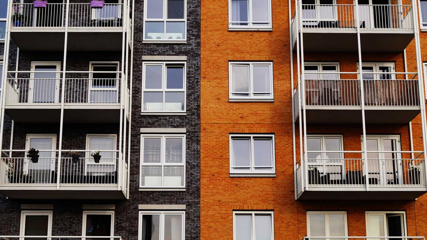 Exterior of two-toned apartment building