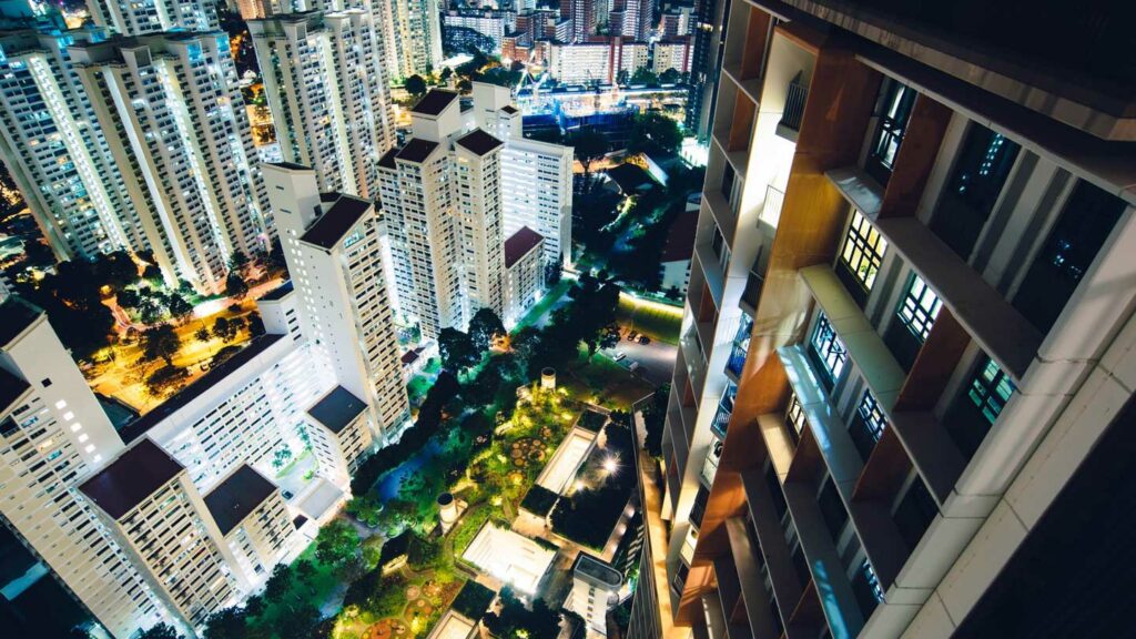 View of city buildings and park from a high rise building