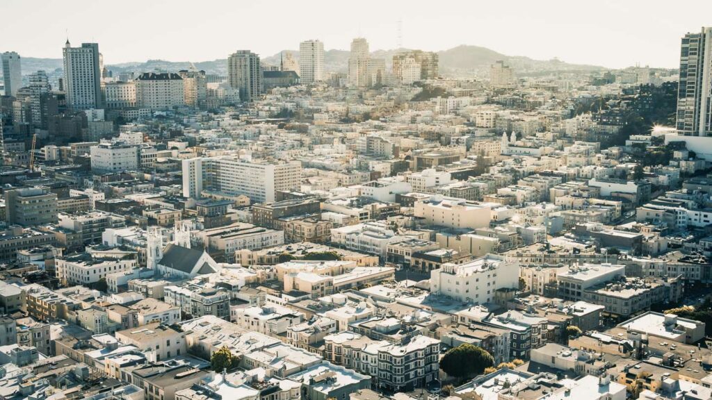 Aerial view of a city neighborhood