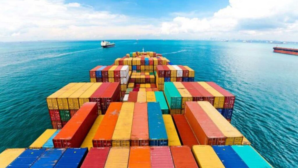 Cargo ship on the water with multi-colored shipping containers